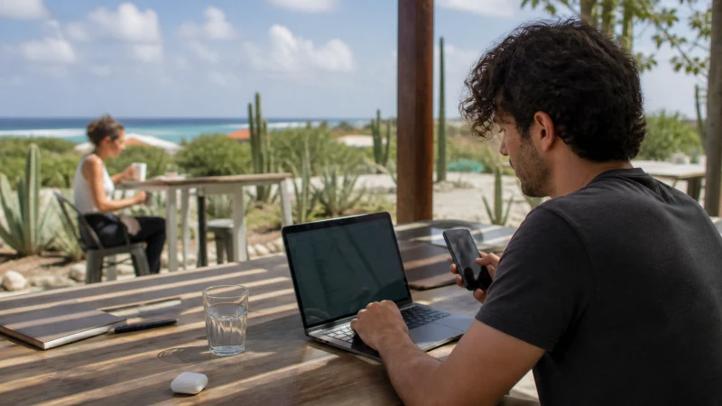 Digital nomad working on a laptop near an Aruba beach