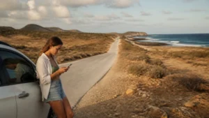 Traveller checking eSIM coverage along the Aruba coast