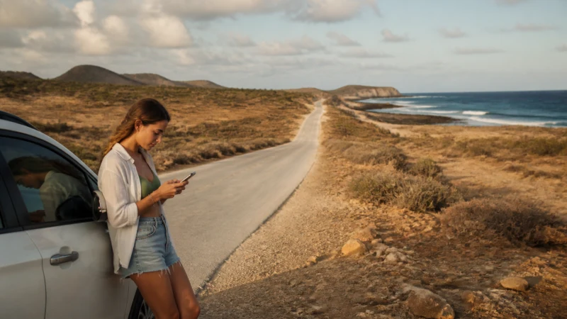 Traveller checking eSIM coverage along the Aruba coast