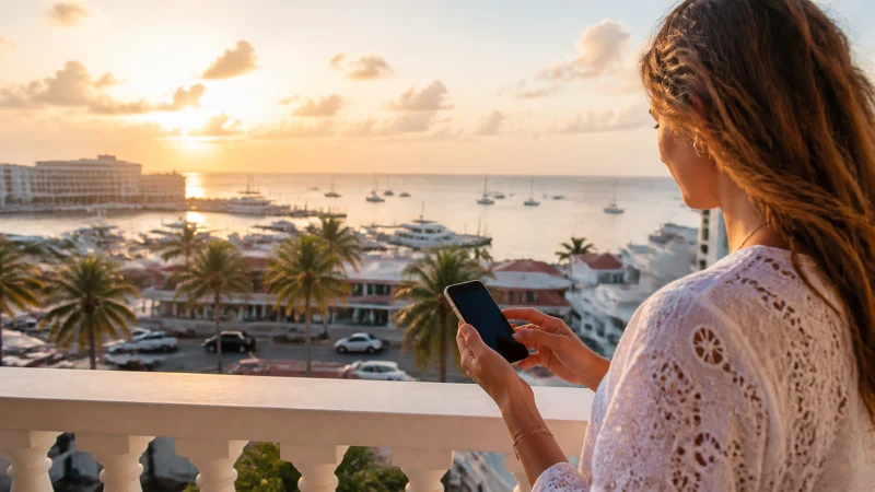 Traveller using an iPhone with eSIM on Palm Beach Aruba