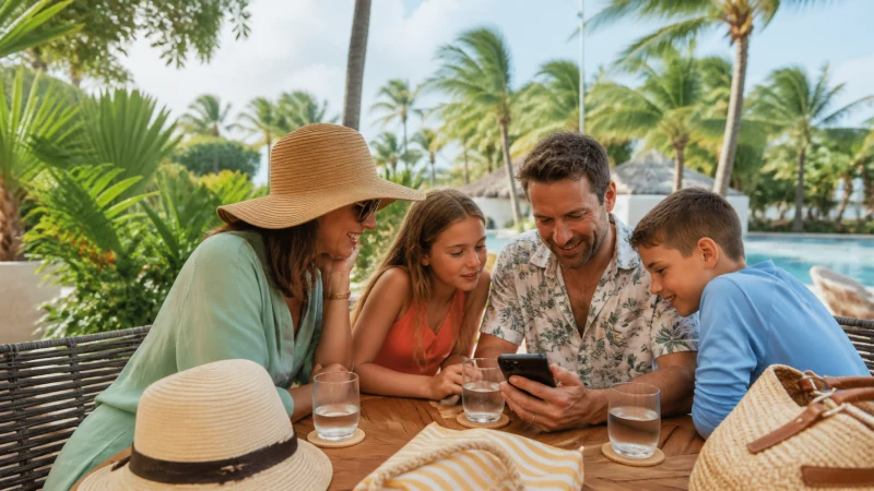 Family sharing mobile internet during an Aruba holiday