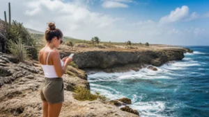 Traveller checking reception on Aruba's rugged north coast