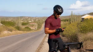 Traveller checking mobile reception in rural Aruba