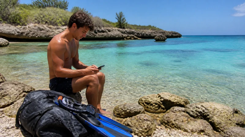 Snorkeller checking a smartphone before entering Aruba's clear water