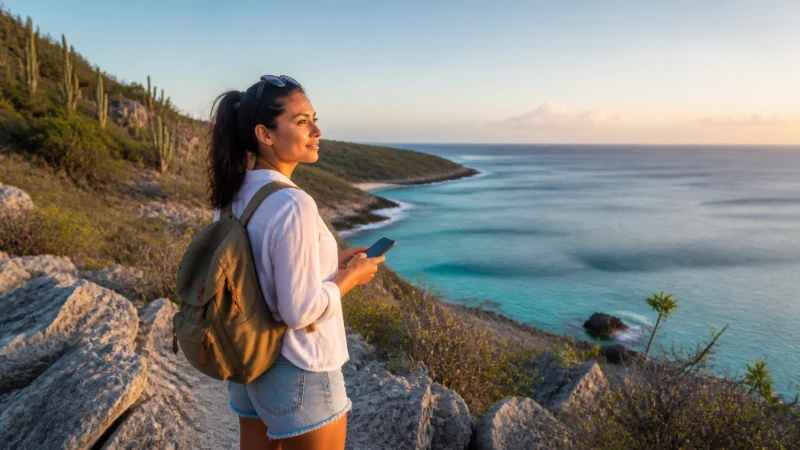 Solo traveller using a smartphone while exploring Aruba