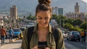 Traveller using mobile internet on a smartphone in Arusha