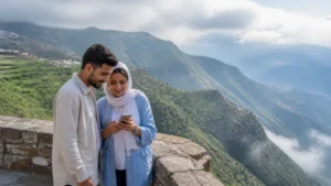 Traveller checking mobile connectivity in the green mountains of Asir.