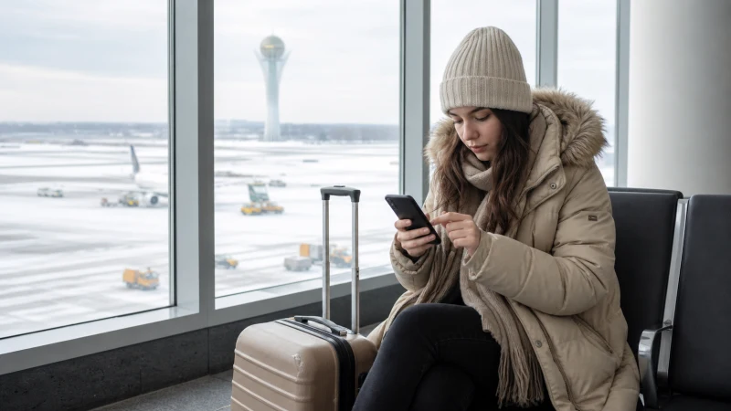 Winter traveller configuring an eSIM in Astana Airport.