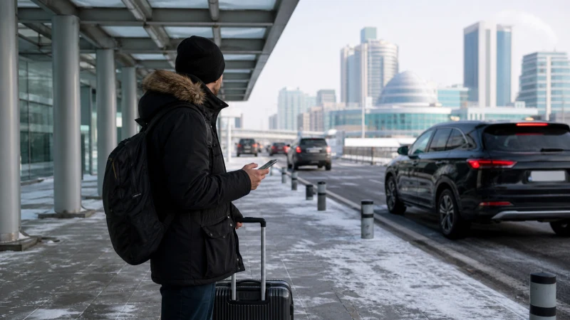 Winter traveller using mobile data at the Astana Airport pickup area.