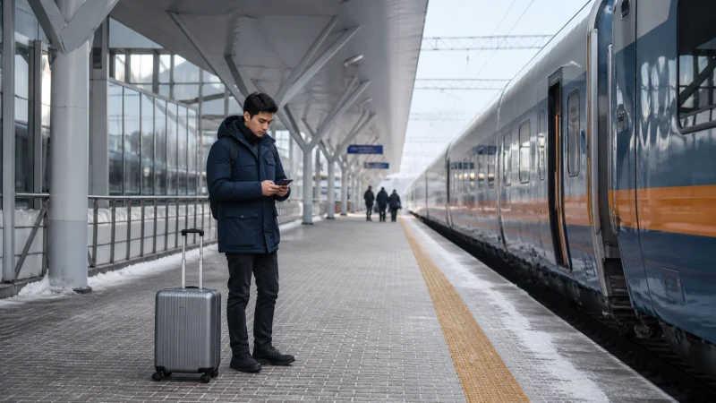 Intercity traveller using a smartphone on a winter railway platform.
