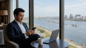 Business traveller using mobile data in an Atyrau hotel overlooking the river.