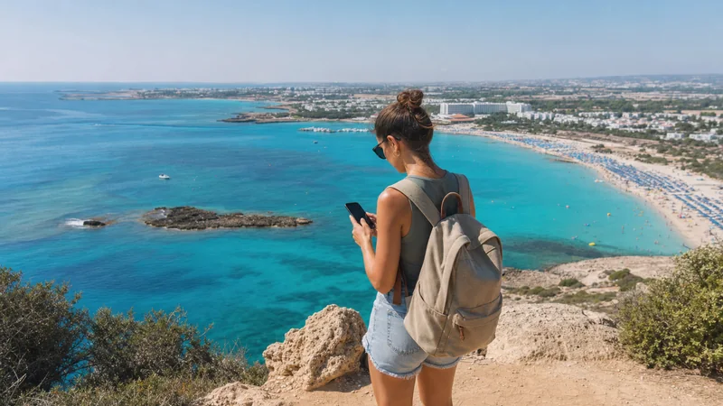 Traveller checking a smartphone above an Ayia Napa beach