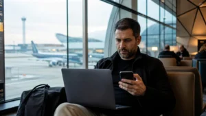 Traveller securing a phone connection on Azerbaijan airport Wi-Fi