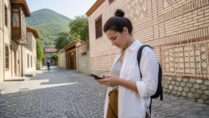Family using mobile internet during an Azerbaijan holiday