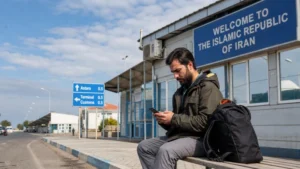 Traveller reviewing mobile connectivity near the Azerbaijan Iran border