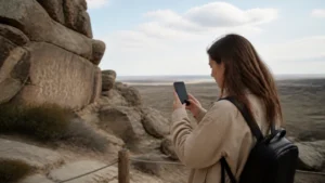 Travel photographer backing up images with mobile data in Azerbaijan