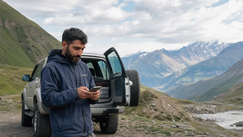 Traveller checking mobile coverage in remote Azerbaijan