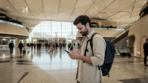 Weekend traveller checking mobile data in Baku