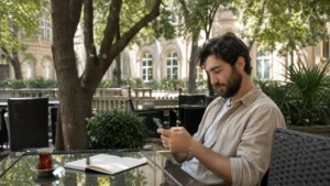 Student using affordable mobile internet while studying in Azerbaijan