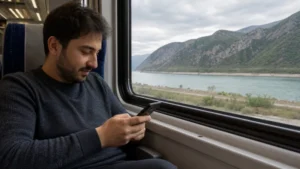 Train passenger using mobile internet while travelling across Azerbaijan