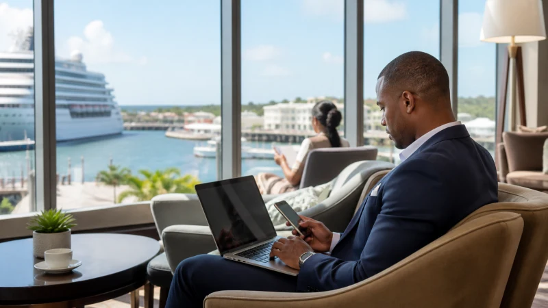 Business traveller working online from a Nassau hotel lounge