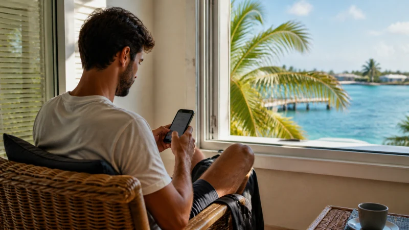 Traveller using an Android-style smartphone in Freeport Bahamas