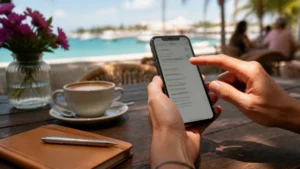 Hands adjusting eSIM settings on a smartphone in The Bahamas