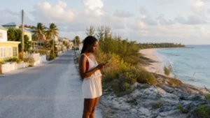 Traveller checking eSIM coverage beside a coastal road in The Bahamas