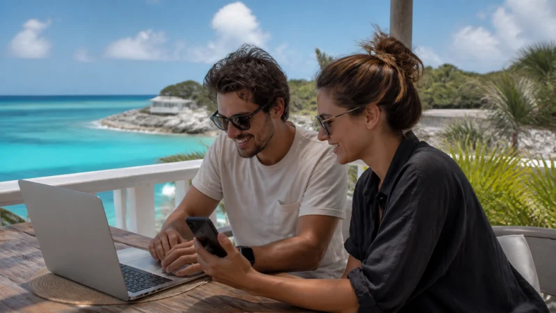 Travel companions using a phone hotspot beside the sea in Eleuthera