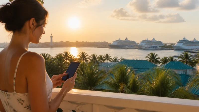 Traveller using an iPhone-style smartphone above Nassau harbour