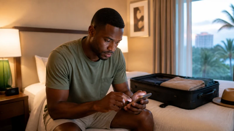 Traveller troubleshooting an eSIM in a Nassau hotel room
