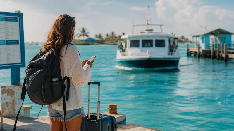 Traveller using a smartphone at an inter-island ferry dock in The Bahamas