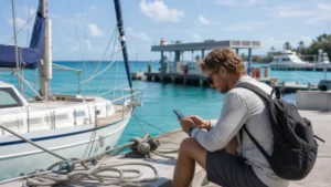 Boat traveller using a smartphone at a marina in The Bahamas