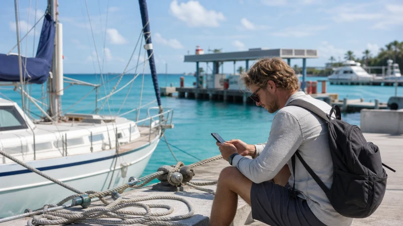 Boat traveller using a smartphone at a marina in The Bahamas