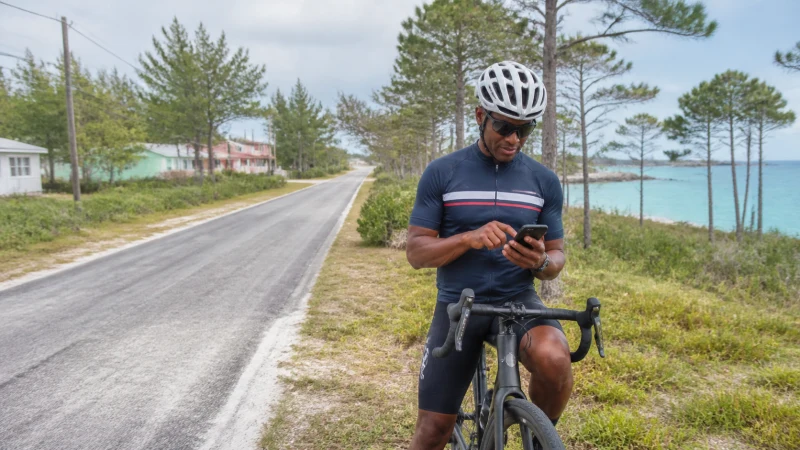 Cyclist checking mobile coverage on a quiet Out Island road