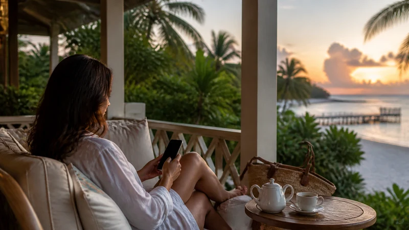 Traveller using a smartphone on a Bahamas resort veranda