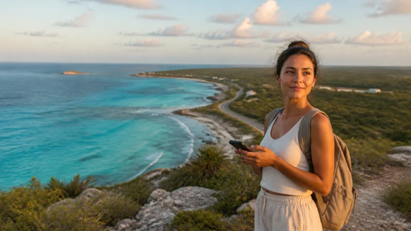 Solo traveller using a smartphone at an Eleuthera coastal viewpoint
