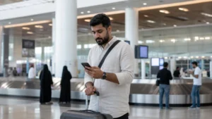 Traveller using a smartphone in Bahrain for bahrain airport arrival mobile data