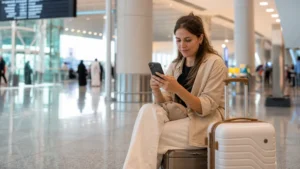 Traveller using a smartphone in Bahrain for bahrain airport esim setup