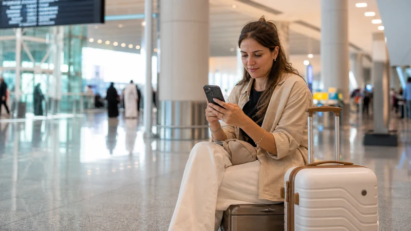 Traveller using a smartphone in Bahrain for bahrain airport esim setup