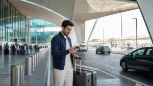 Traveller using a smartphone in Bahrain for bahrain airport transfer mobile internet