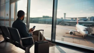Traveller using a smartphone in Bahrain for bahrain airport transit internet
