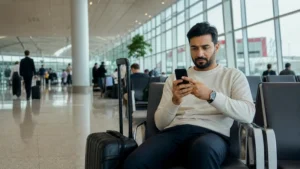 Traveller using a smartphone in Bahrain for bahrain airport wifi not working