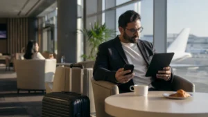 Traveller using a smartphone in Bahrain for bahrain airport wifi security