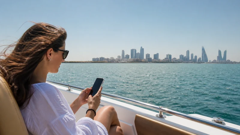 Traveller using a smartphone in Bahrain for bahrain boat trip mobile internet