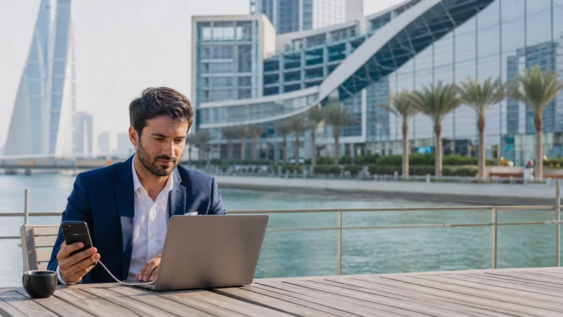 Traveller using a smartphone in Bahrain for bahrain business travel internet