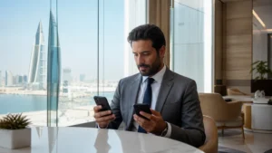 Traveller using a smartphone in Bahrain with dual SIM