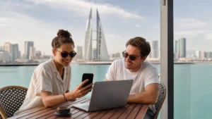 Traveller using a smartphone hotspot in Bahrain