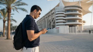 Traveller using a smartphone in Bahrain for bahrain formula one mobile internet