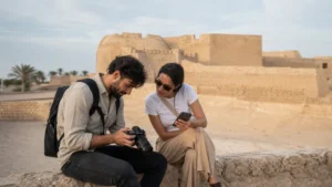 Traveller using a smartphone in Bahrain for bahrain photography trip internet